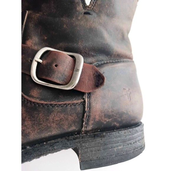 FRYE Veronica Ankle Bootie Dk Brown Distressed Leather Moto Buckle Strap 8.5 - Picture 10 of 14